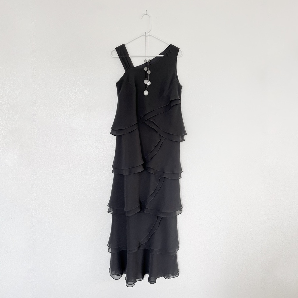 Ursula of Switzerland Vintage Tiered Gown One-Shoulder Sheer Gray Column Dress M